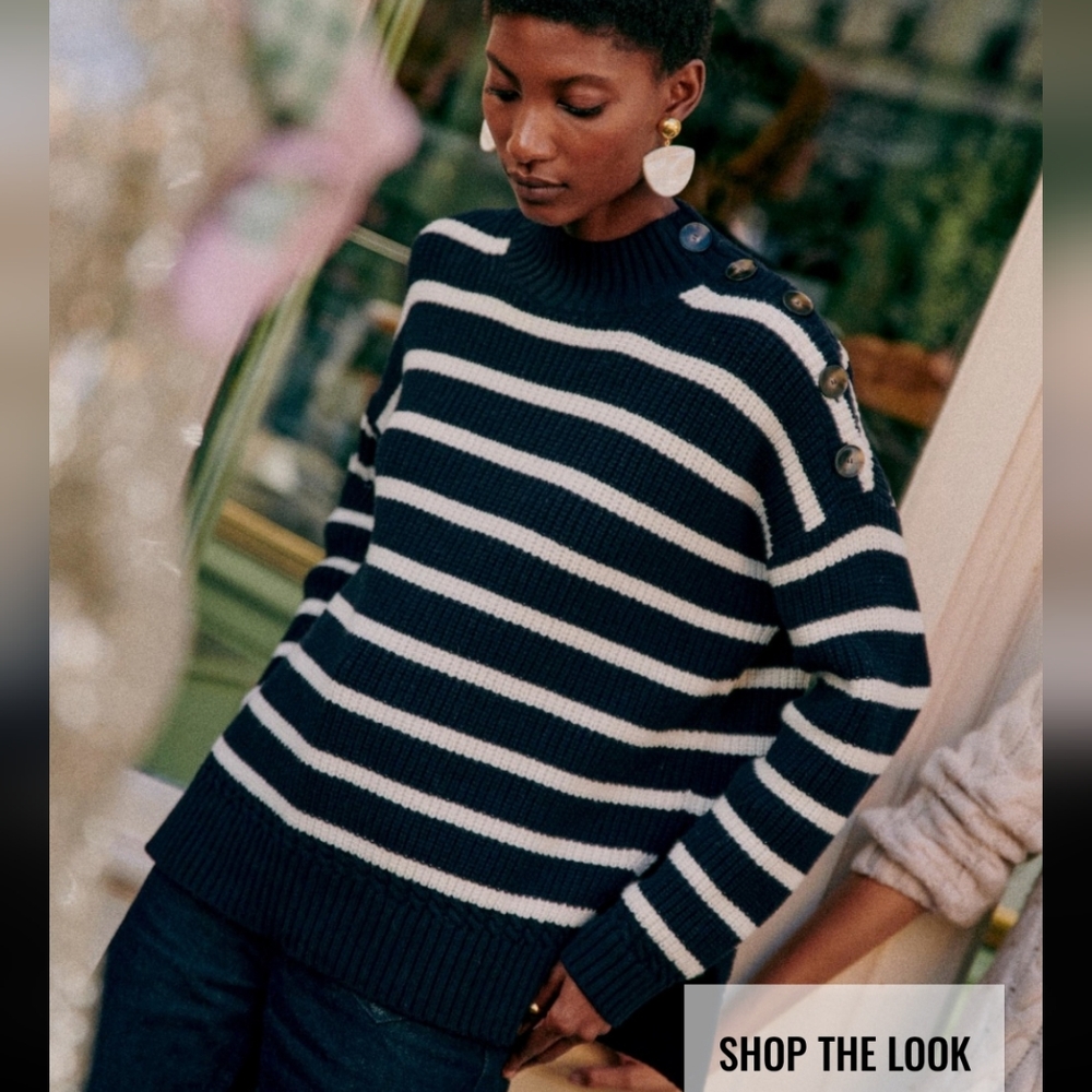 Sezane Adrian Cotton/Wool Striped Button-Shoulder Sweater